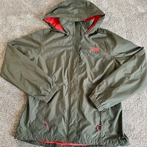 The North Face Hyvent Women's Large L Olive Green Red Hooded Rain Jacket Warm